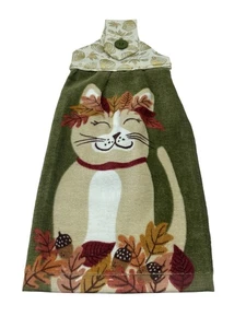 Fall Hanging Dishtowel Beige Cat With Autumn Leaves Olive Green Towel - Picture 1 of 5