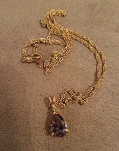 Genuine Amethyst and Diamond Pendent On 20" Goldtone Chain - Picture 1 of 4