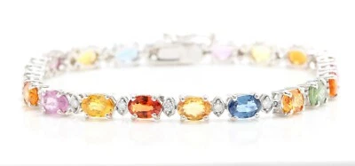 Brazalete de oro blanco macizo de 14 quilates con zafiro y diamantes naturales de Ceilán de 13,86 quilates Foto 1 de 4