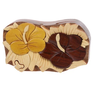 Handcrafted Wooden Flower Shape Secret Jewelry Puzzle Box - Picture 1 of 3