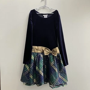 Bonnie Jean Velvet & Plaid Hipster Dress Girls 14 Navy Gold Bow Holiday Party - Picture 1 of 9