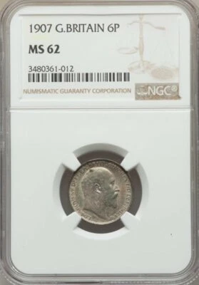 Great Britain 1907 6 Pence NGC MS 62, Superb Olive Toning ! - Image 1 of 2
