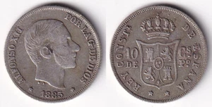 1885 Spanish Philippine ALFONSO XII 10 Centimos De Peso SILVER Coin - Stock #B7 - Picture 1 of 4