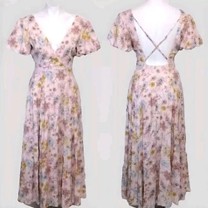 NWT Lulus V-neck Floral Print Puff Sleeves Cottagecore Open Back Maxi Dress XS - Picture 1 of 14