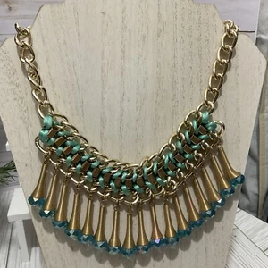 Gargantilla collar colgante BOHO vintage tono dorado azul turquesa con cuentas flecos - Imagen 1 de 7