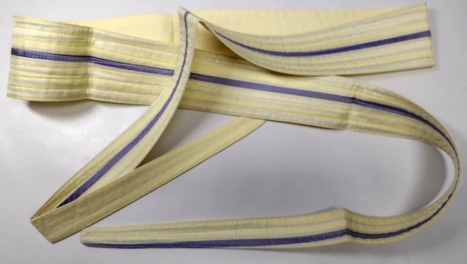 Cinturón Faja Seda Amarillo Vintage Ancho Boho Hippie Rayas Azules Sin Stock Años 70 Foto 1 de 4