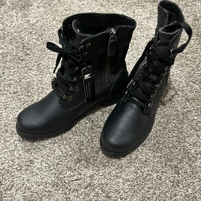 SOREL 'Emelie Conquest' Womens Size 4 M Black Nubuck Combat Boots Side Zip Shoes - Image 1 of 4