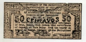 Philippines 1943 Oras Samar Municipality Note 50 Centavos SMR-574 Rare Unissued - Picture 1 of 2