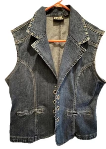 ETHYL Vintage Jeansweste blau verziert Strass Faux Taschen Größe XL - Bild 1 von 11