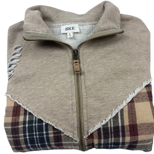 BKE beige karierte Jacke mit Reißverschluss Small distressed roher Rand urban Cowgirl Hütte gemütlich - Bild 1 von 11