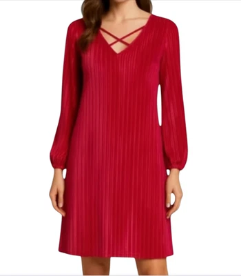 MADISON LEIGH Red Velvet PLEATED SHIFT DRESS Criss-Cross V-Neck Christmas XL - Image 1 of 4