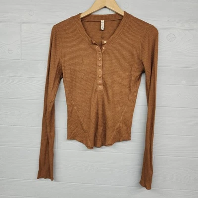 Free People Intimately Brown Henley Waffle Knit Long Sleeve TShirt Womens Size L - Image 1 of 4