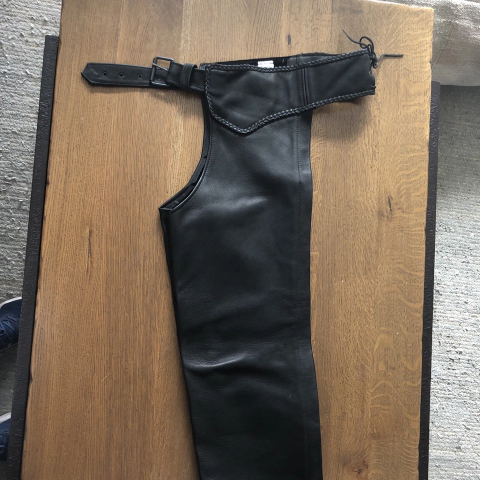 L Negro Cuero Motocicleta Chaps Motociclista Harley Indian Alta Calidad Grueso Único Foto 1 de 4