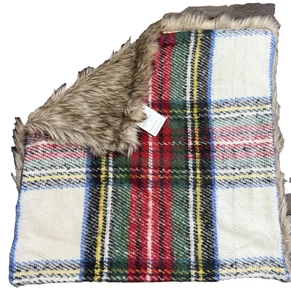 1 POTTERY BARN STEWART PLAID FAUX FUR BACK 24" x 24" PILLOW COVER  IVORY NEW TAG - Picture 1 of 7