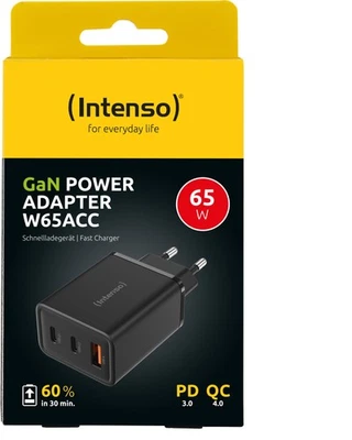 Intenso Ladegerät Power Adapter 65 Watt W65ACC GaN USB-A 2x USB-C schwarz - Bild 1 von 4