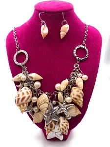 Starfish Seashell Silver Sea Life Pearl Bead Charm Beach Layered Necklace Set - Picture 1 of 5