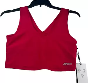 DKNY Sports Bra Womens size Large Red Shiny Vneck Moisture Wick Stretch New - Picture 1 of 7