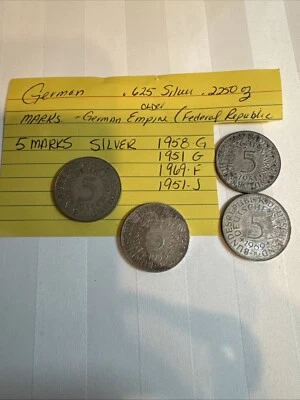 Silver German 5 Mark Coins 1951G, 1951J, 1958G & 1969F  - Image 1 of 4