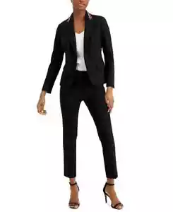 $139 Anne Klein Women's Black Open-Front Stripe-Collar Blazer Jacket Size 12P - Picture 1 of 11