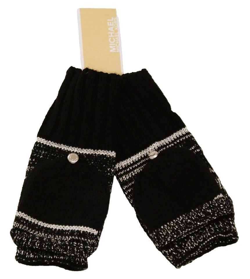 Michael Kors Black Silver Knit Mittens Button Back Women's