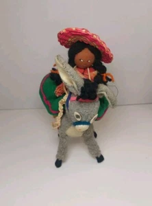 Mexican Felt Doll On Donkey Handpainted Face Colorful Dress Vintage Handmade AGI - Picture 1 of 10