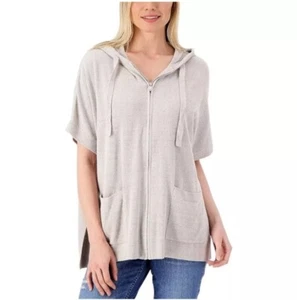 Barefoot Dreams Cozy Chic Lite Full Sip Short Sleeve Hoodie Gray Women’s S/M - Picture 1 of 11