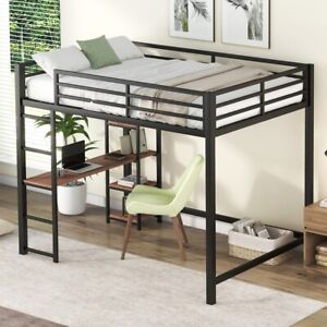 Full Size Metal Loft Bed Frame with Built-in Desk and Storage Shelves US Stock