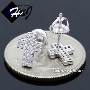 925 STERLING SILVER ICY CZ GOLD PLATED/SILVER SCREW BACK CROSS STUD EARRING*E213