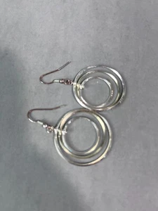 Dangle Round Hoop Silver Tone Earrings 80s Mid Century Retro Modern 2." - Picture 1 of 9