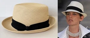 NWT 17C CUBA RUNWAY CHANEL BEIGE BLACK TRIM RAFFIA STRAW FEDORA HAT CAP S SMALL - Picture 1 of 11