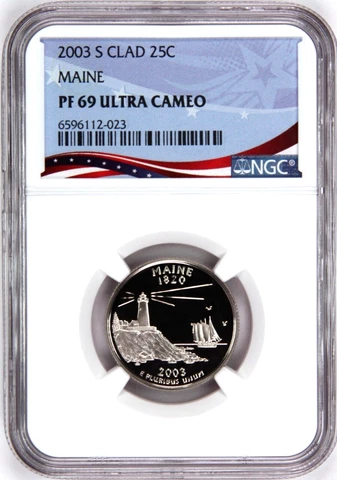 2003-S Proof State Quarter, Maine,  PF69 Ultra Cameo NGC, Patriotic Label Cover