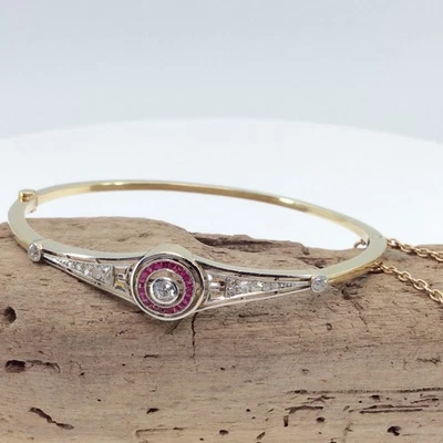Art-Deco Armreif 750/18k Gelbgol 15x Diamanten ca. 0,50ct Altschliff Rubine#2801 - Bild 1 von 4