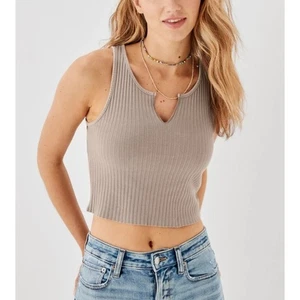 Camisa para mujer American Eagle bronceada cuello en V sin mangas recortada acanalada muesca cuello XS - Imagen 1 de 7