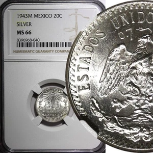 MEXICO Silver 1943 M 20 Centavos Last Year Type NGC MS66 GEM BU KM# 438 (40) - Picture 1 of 5