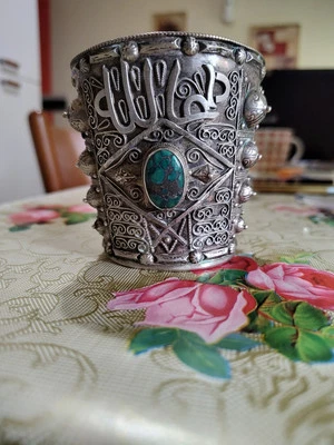 Bracciale Etnico Con Turchese Centrale Argento Con Scritta Allah - Immagine 1 di 4