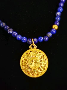 24K Gold 999 Gold Pendant Lapis Lazuli Elastic Necklace - Picture 1 of 11
