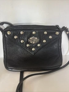 Vintage Harley-Davidson Black Leather Studded Crossbody Bag USA Made - Picture 1 of 10