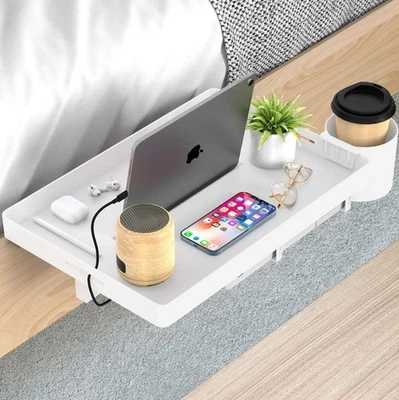 Mesita de noche para cama con portavasos mesita de noche flotante mesa de noche bandeja blanca Foto 1 de 4