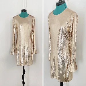 GOLD SHINY SEQUIN CURVY MICHAEL KORS BELL-CUFF MINIDRESS SIZE M - Picture 1 of 7