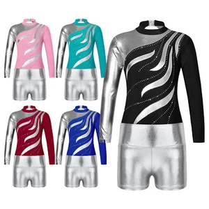 Kids Girls Dance Outfits High Waist Stage Performance Outfits Patchwork Shiny - Picture 1 of 47