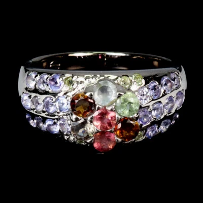 925 Sterlingsilber Ring Rund Turmalin Peridot Tansanit Natürlich Schmuck Größe 8 - Bild 1 von 4