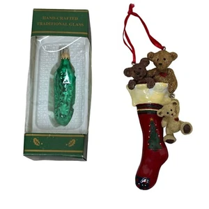 Kurt S. Adler Hand-Crafted Glass Pickle & Teddy Bear Stocking Ornament Set - Picture 1 of 8