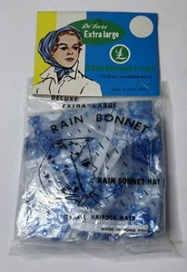 NOS Vintage 1960’s Mod Deluxe Rain Bonnet Hat Vinyl XL Clear Blue Floral - Picture 1 of 5