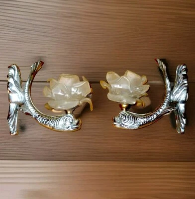 Pair of Vintage French Sconces Silver Color metal Dolphins, white satin roses. - Image 1 of 4