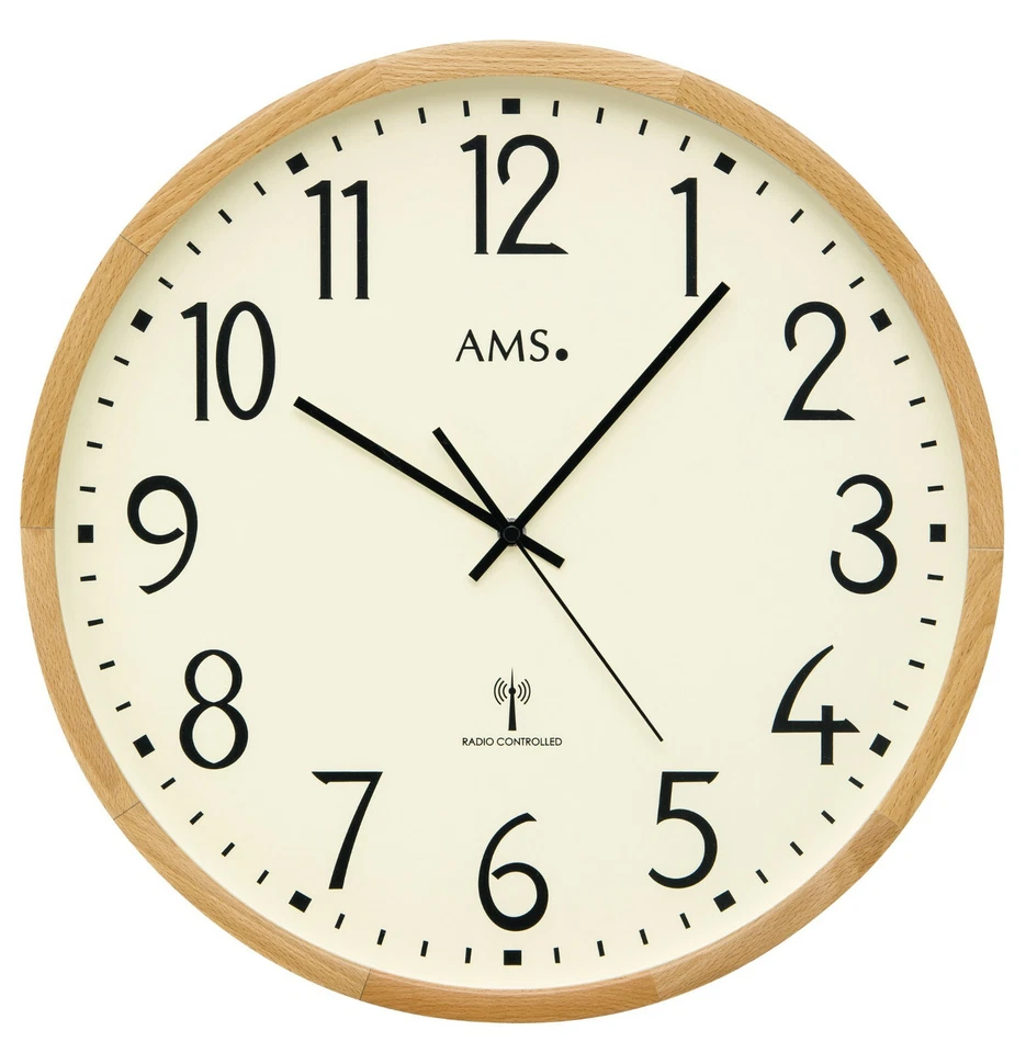 AMS 5534 Wanduhr Funk Funkwanduhr analog Holz Buche massiv rund - Bild 1 von 1