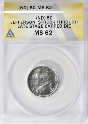 ER128 Mint Error ND Jefferson Nickel Struck Thru Late Stage Capped Die Error - Image 1 of 4