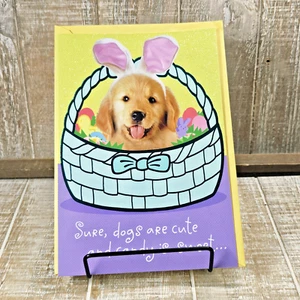 Tarjeta de felicitación de Pascua Hallmark cesta para perros amarillo azul brillo niño mejor - Imagen 1 de 7