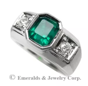 Natural Emerald & Diamond Wedding Band Ring for Men 14K White Gold - Picture 1 of 10
