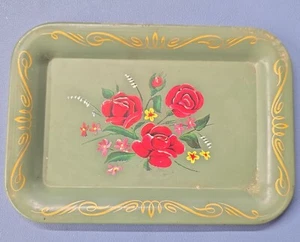 Pea Green with Floral Rose Boquet Gold Trim Coins or Key Tin Tray 6 by 4" - Picture 1 of 3