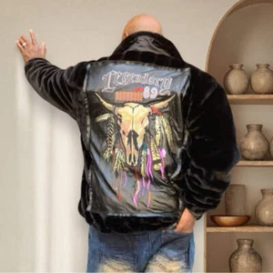 Men’s Davoucci Black Faux Fur | Genuine Leather Patch Fashion Jacket NWT - Picture 1 of 7